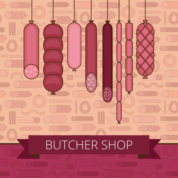 Banner de talho. Carne e produtos de salsicha de churrasco. Várias salsichas. Estilo plano. Ilustração vetorial . — Vetor de Stock