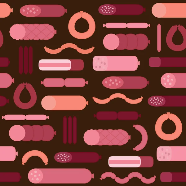 Salsiccia modello senza soluzione di continuità. Varie salsicce e prodotti a base di carne. Il passato della macelleria. Stile piatto. Illustrazione vettoriale . — Vettoriale Stock