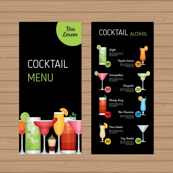 Design de menu de coquetel. Bebidas alcoólicas folheto e modelo de layout do folheto. Brochura de menu de bar com gráfico moderno. Ilustração vetorial . — Vetor de Stock