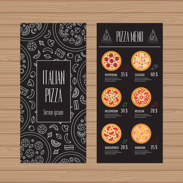 Pizza meny design. Bipacksedeln och flyer layoutmall. Restaurang broschyr med moderna linjeobjekt. Vektorillustration. — Stock vektor