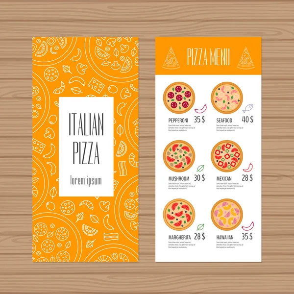 Pizza meny design. Bipacksedeln och flyer layoutmall. Restaurang broschyr med moderna linjeobjekt. Vektorillustration. — Stock vektor