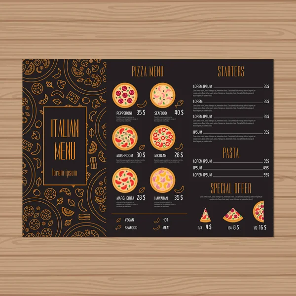 Pizza menu design. Tri-fold leaflet layout template. Restaurant brochure with modern line graphic. Vector illustration. — Stock Vector