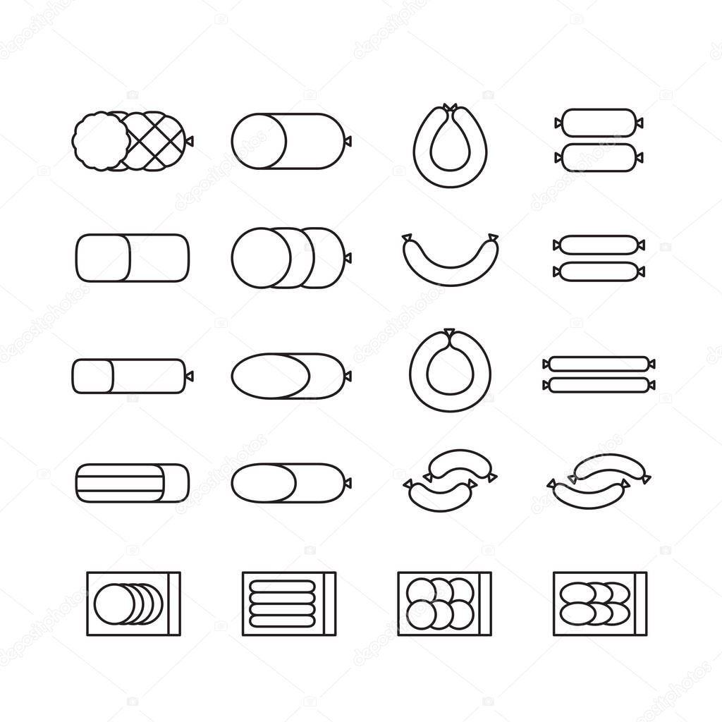 Sausages collection. Various sausages and meat products icon set.
