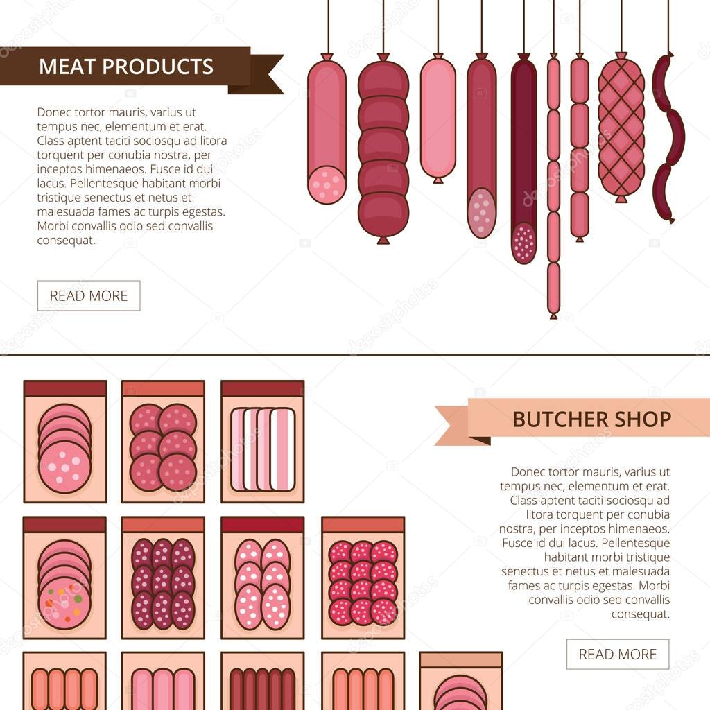 Butcher shop banner. Meat and barbecue sausage products. Various sausages. Flat style. Vector illustration. 