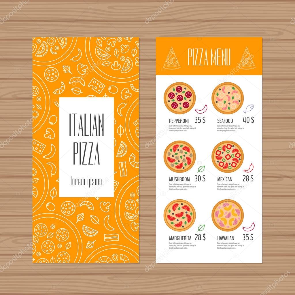 Pizza menu design. Leaflet and flyer layout template. Restaurant brochure with modern line graphic. Vector illustration. 