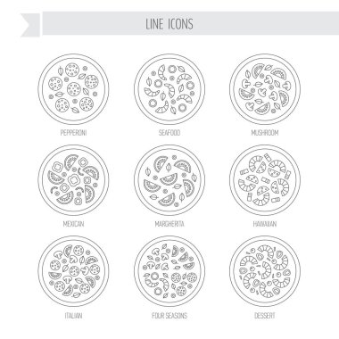 Pizza satır Icon set. Biber, mantar, deniz ürünleri, Meksika, margherita, Hawaii, İtalyanca, dört mevsim, çöl pizza.