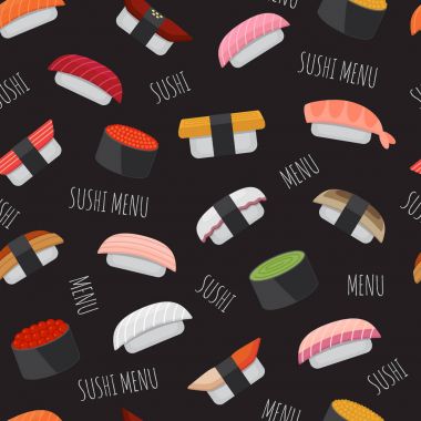 Sushi menüsü için seamless modeli. Japon mutfağı arka plan. Vektör çizim, düz stil.