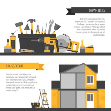 Ev onarım afiş. İnşaat araçları. El aletleri ev yenileme ve inşaat için. Düz stil, vektör çizim.