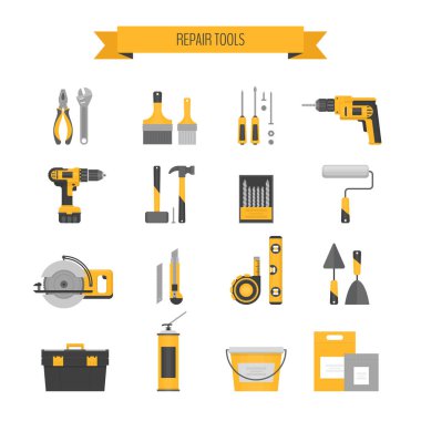 Ev onarım Icon set. İnşaat araçları. El aletleri ev yenileme ve inşaat için. Düz stil, vektör çizim.