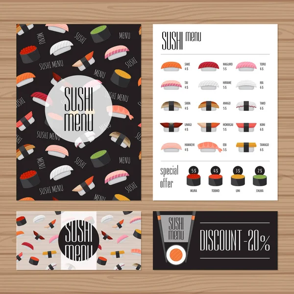 Sushi menu design. A4 size and flyer layout template.  Japanese food restaurant brochure with modern graphic. Front page and back page. Vector illustration. — Stock Vector