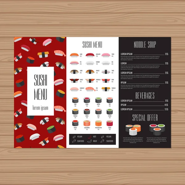 Diseño de menú de sushi. Plantilla de diseño de folleto triple. Folleto de restaurante de comida japonesa con gráficos modernos. Ilustración vectorial . — Vector de stock
