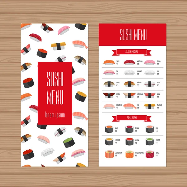 Wygląd menu Sushi. Ulotki oraz ulotki szablonu układu. Japońskie jedzenie restauracja Broszura z nowoczesną grafikę. Ilustracja wektorowa. — Wektor stockowy