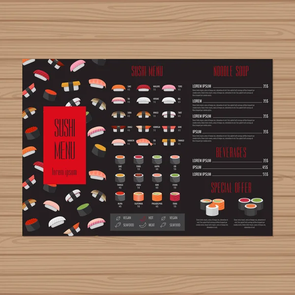 Diseño de menú de sushi. Plantilla de diseño de folleto triple. Folleto de restaurante de comida japonesa con gráficos modernos. Ilustración vectorial . — Vector de stock