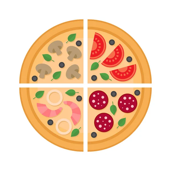 Une part de pizza. Pepperoni, champignons, fruits de mer, végétarien. Style plat . — Image vectorielle