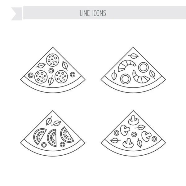 Pizza slice linii zestaw ikon. Pepperoni, grzyby, owoce morza, Wegetariańska. — Wektor stockowy
