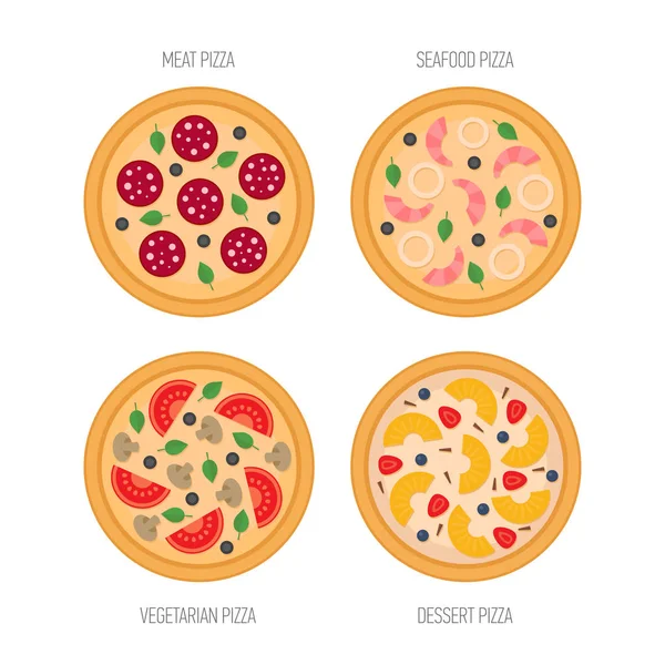 Conjunto de iconos de pizza. Carne, mariscos, vegetarianos, pizza del desierto. Estilo plano — Archivo Imágenes Vectoriales