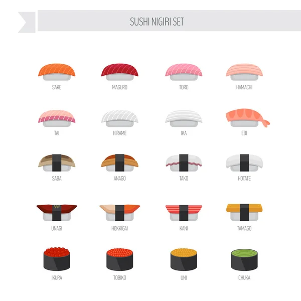 Conjunto vetorial Sushi nigiri. Ícone de estilo plano . — Vetor de Stock