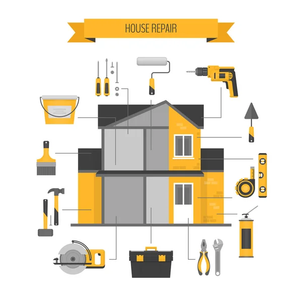 Infografías de reparación de casas. Herramientas manuales para la renovación y mejora del hogar. Estilo plano, ilustración vectorial . — Vector de stock