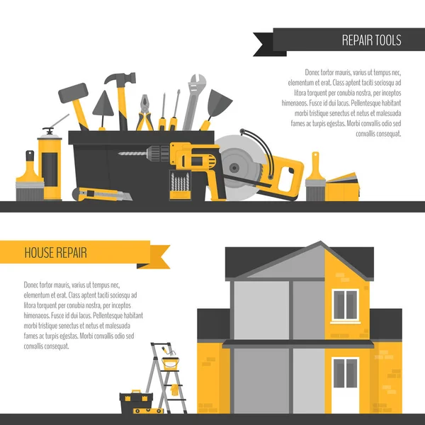 Banner de reparación del hogar. Herramientas de construcción. Herramientas manuales para la renovación y construcción de viviendas. Estilo plano, ilustración vectorial . — Vector de stock