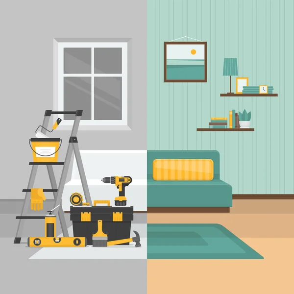 Kamer voor en na reparatie. Huis interieur renovatie. Vlakke stijl, vectorillustratie. — Stockvector