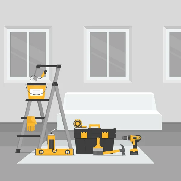 Sala de renovación. Renovación interior del hogar. Estilo plano, ilustración vectorial . — Vector de stock