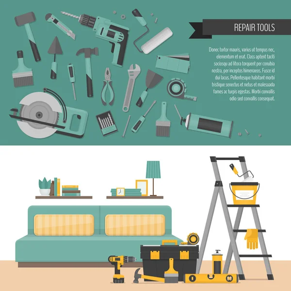 Banner de reparación del hogar. Herramientas manuales para la renovación y construcción de viviendas. Sala de renovación. Estilo plano, ilustración vectorial. Estilo plano, ilustración vectorial . — Vector de stock