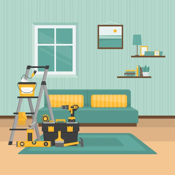 Ανακαίνιση δωματίου. Ανακαίνιση στο σπίτι εσωτερικό. Επίπεδη στυλ, εικονογράφηση διάνυσμα. — Διανυσματικό Αρχείο