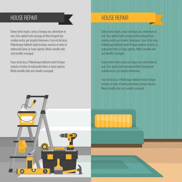 Habitación antes y después de la reparación. Renovación interior del hogar. Estilo plano, ilustración vectorial . — Archivo Imágenes Vectoriales