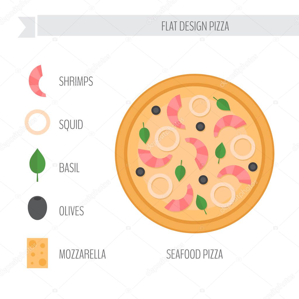 Seafood pizza with ingredients. Flat style vector illustration.