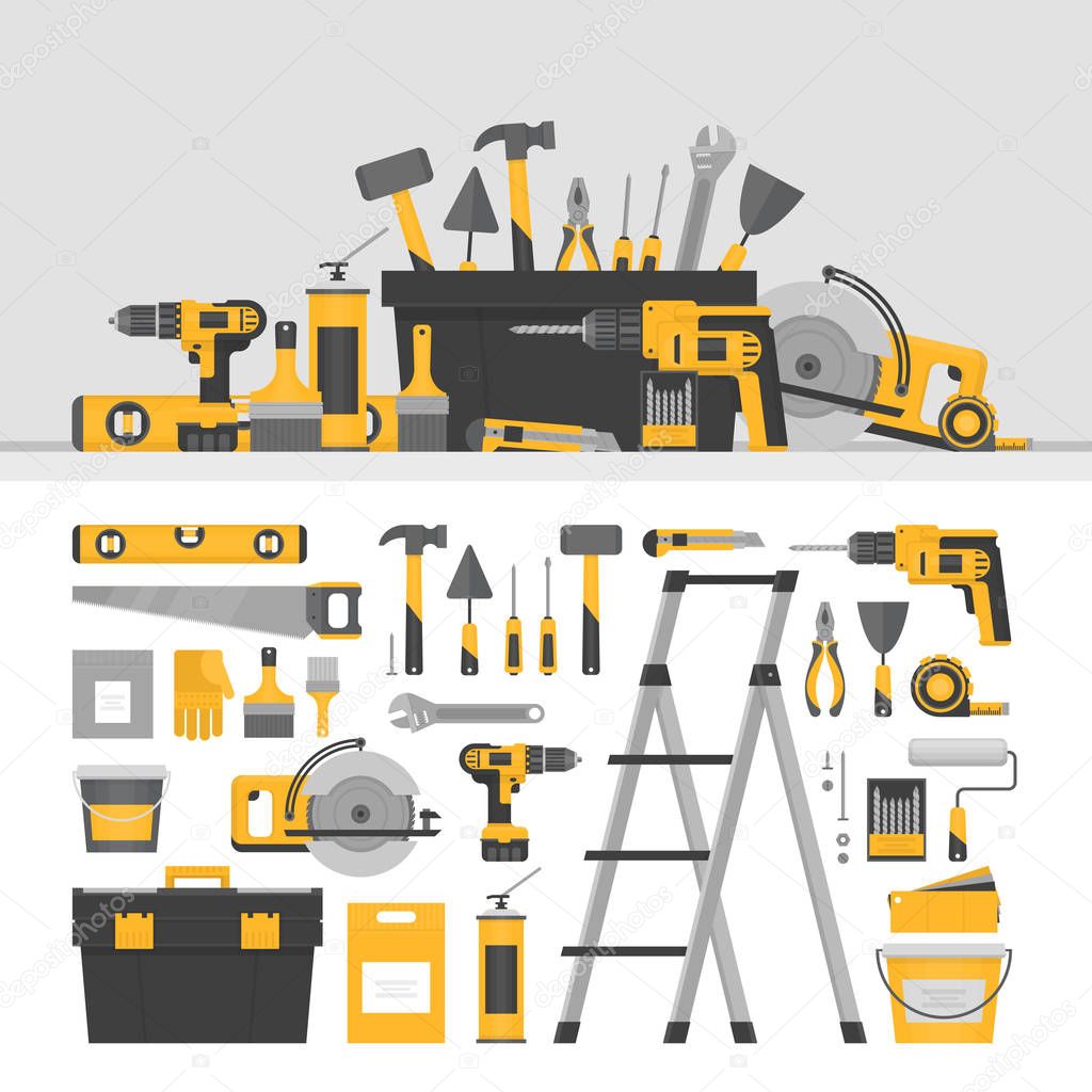 Home repair objects and banner. Construction tools. Hand tools for home renovation and construction. Flat style, vector illustration.