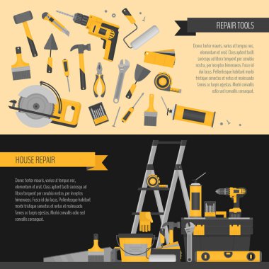 Ev onarım afiş. İnşaat araçları. El aletleri ev yenileme ve inşaat için. Düz stil, vektör çizim.