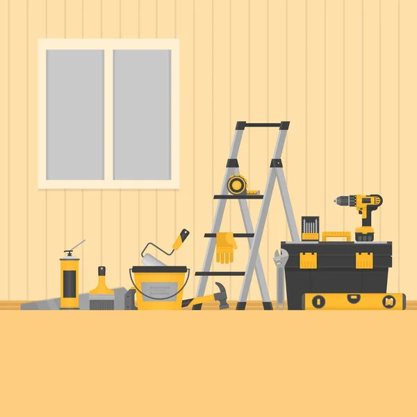 Bandiera di riparazione domestica. Attrezzi da costruzione. Utensili manuali per la ristrutturazione e la costruzione di case. Stile piatto, illustrazione vettoriale . — Vettoriale Stock