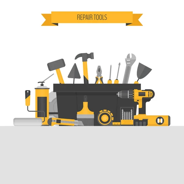 Hem reparation objekt och banner. Bygg verktyg. Handverktyg för renovering och byggande. Platt stil, vektorillustration. — Stock vektor