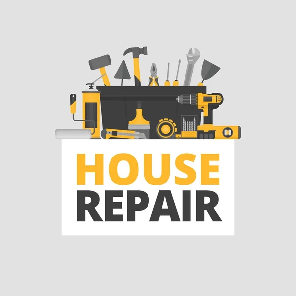 Hausreparatur-Banner. Bauwerkzeuge. Handwerkzeuge für Renovierung und Hausbau. flacher Stil, Vektorillustration. — Stockvektor