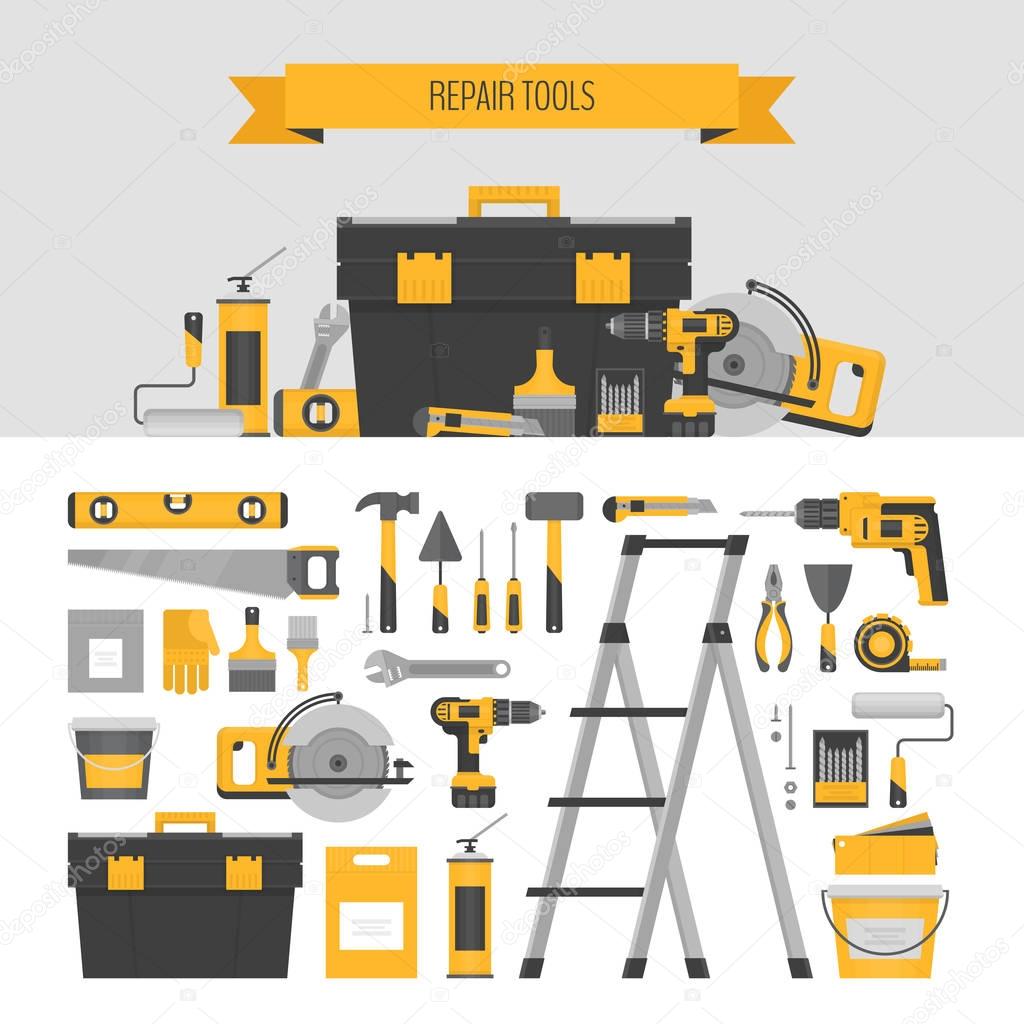 Home repair objects and banner. Construction tools. Hand tools for home renovation and construction. Flat style, vector illustration.