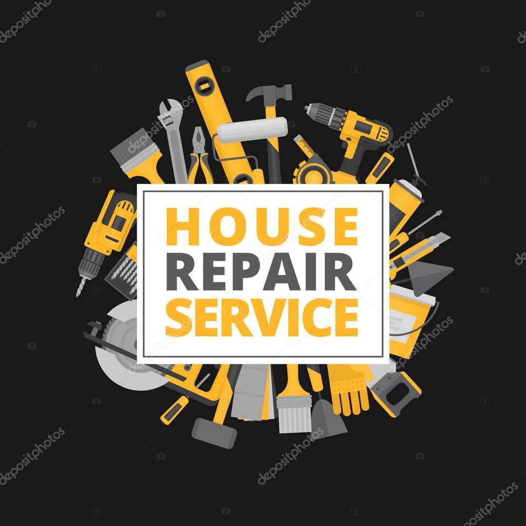 Home repair banner. Construction tools. Hand tools for home renovation and construction. Flat style, vector illustration.