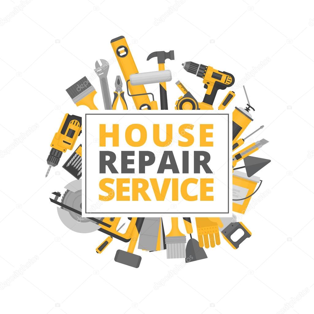 Home repair banner. Construction tools. Hand tools for home renovation and construction. Flat style, vector illustration.