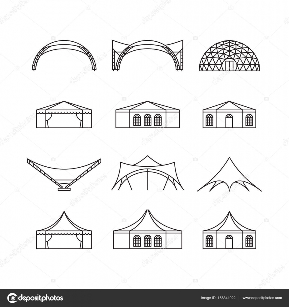 Icon set of various types event tent. Folding tent, canvas ...