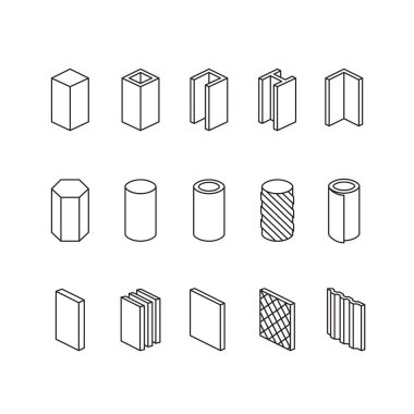 Metalurji ürünleri hattı Icons set vektör. Çelik yapı ve boru.