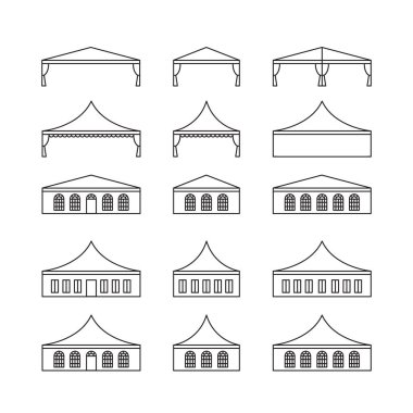 Icon set çeşitli türleri olay çadır. Katlama çadır, tuval çatı, düğün çadırı, gölgelik. Vektör çizim.