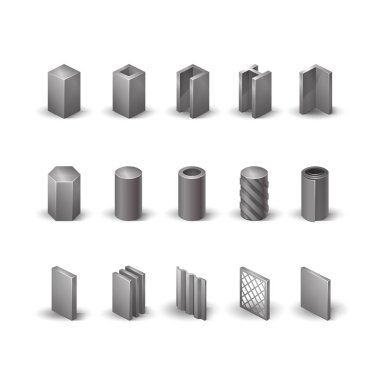 Metalurji ürünleri gerçekçi Icons set vektör. Ayrıntılı nesneleri. Çelik yapı ve boru.