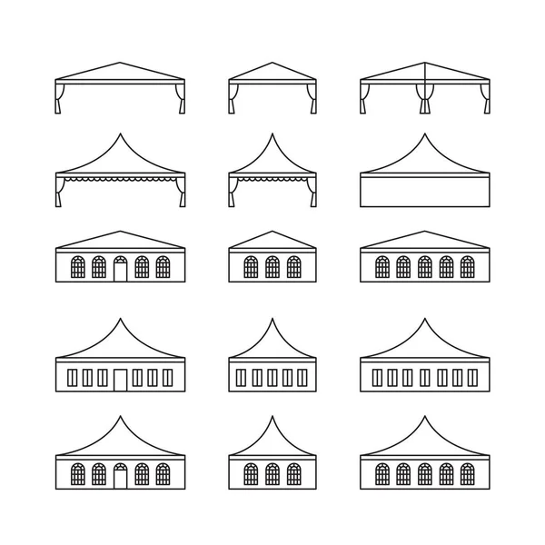 Conjunto de iconos de varios tipos de carpa de eventos. Tienda plegable, techo de lona, tienda de bodas, dosel. Ilustración vectorial . — Vector de stock