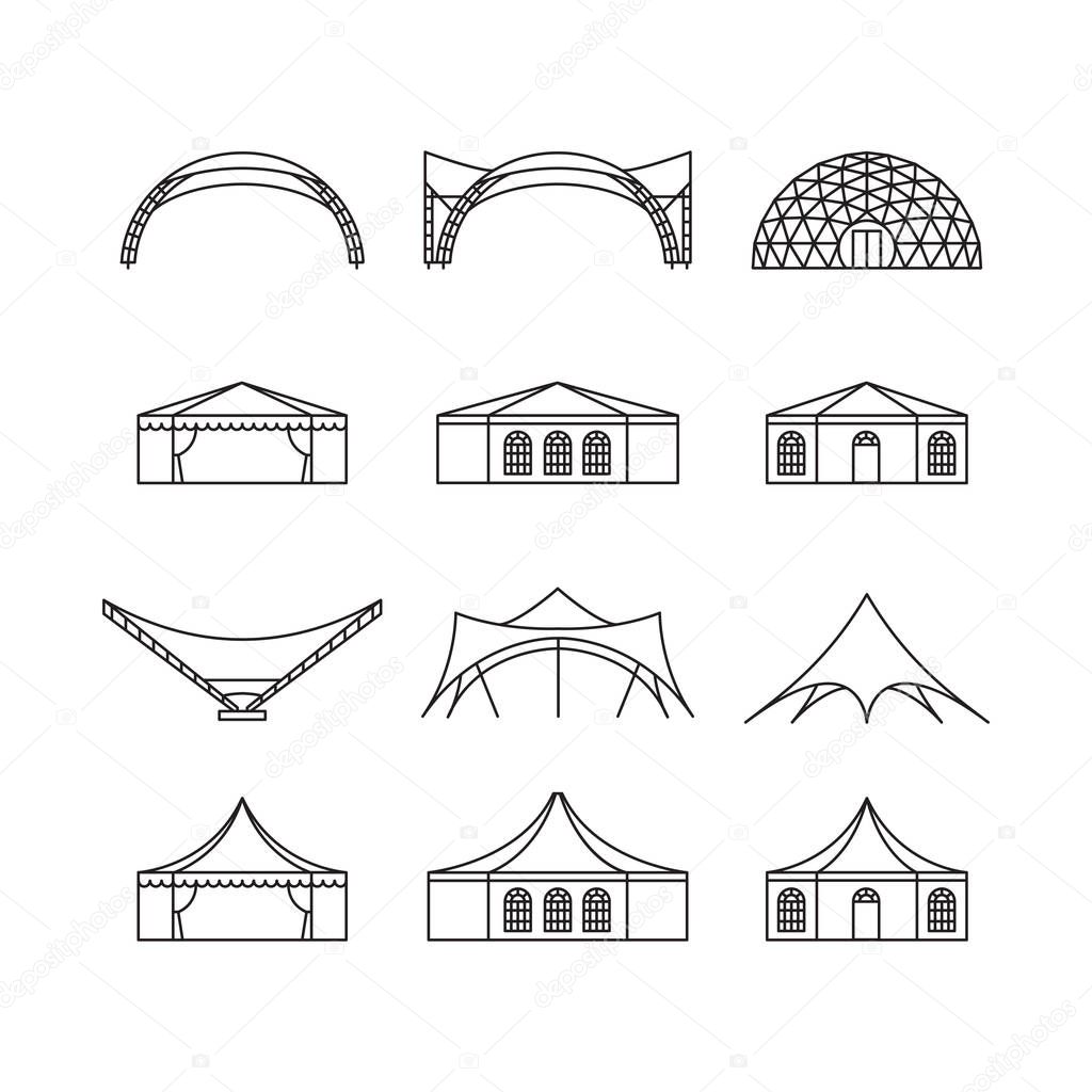 Icon set of various types event tent. Folding tent, canvas roof, wedding tent, canopy. Vector illustration.