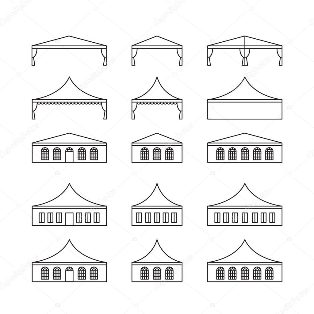 Icon set of various types event tent. Folding tent, canvas roof, wedding tent, canopy. Vector illustration.