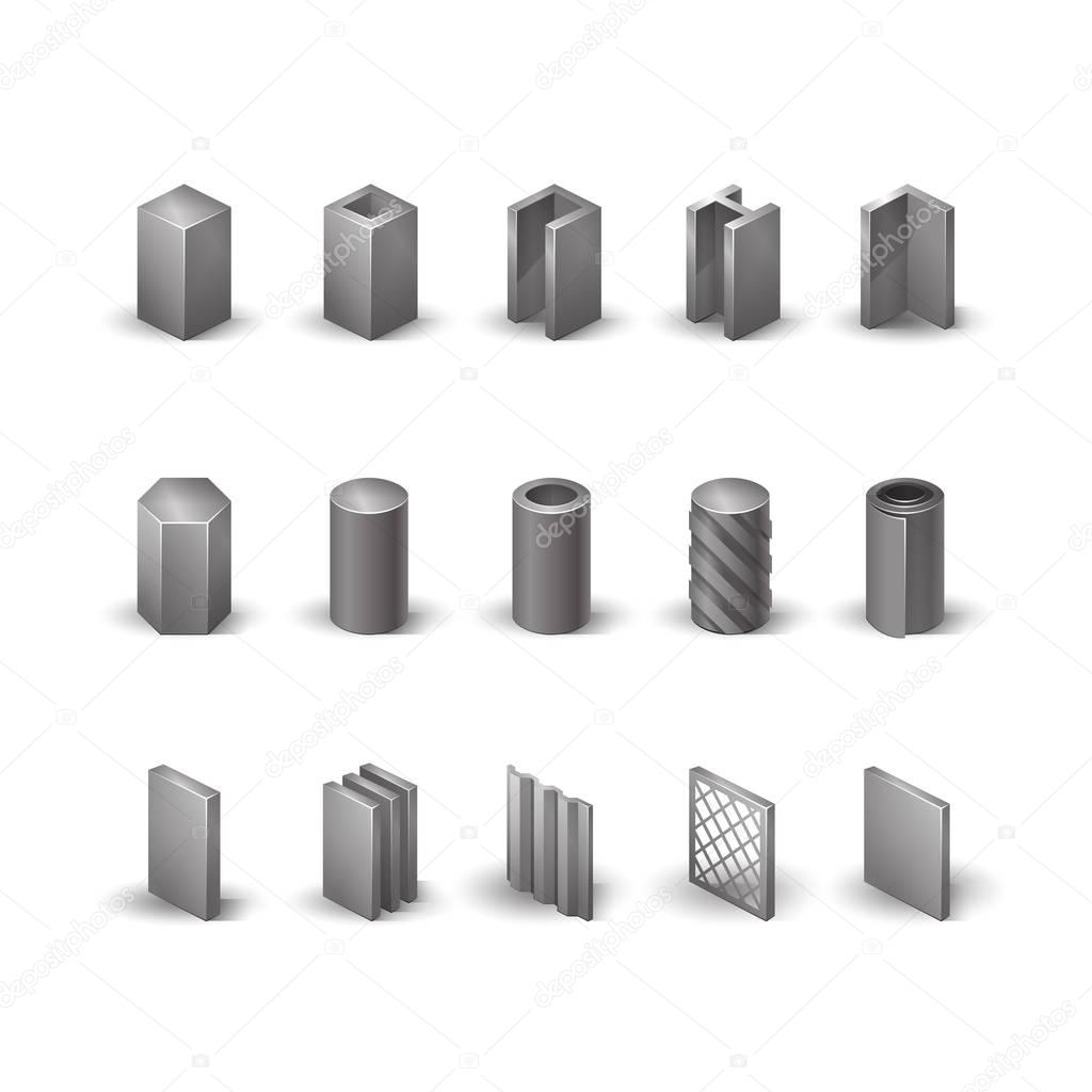 Metallurgy products vector realistic icons set. Detailed objects. Steel structure and pipe.