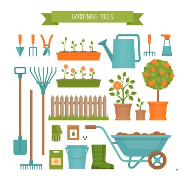 Bahçe. Bahçe aletleri. Düz stil, vektör çizim.
