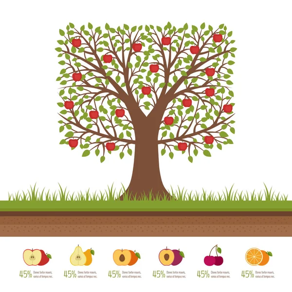 Appelboom met rode appels. Knippen van de bodem. Tuinieren concept. Biologisch voedsel. Fruitboom. Plat ontwerp, vectorillustratie. — Stockvector