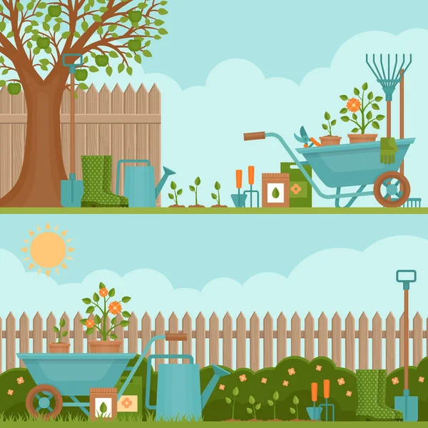 Concept de jardinage. Outils de jardin. Bannière avec paysage de jardin d'été. Style plat, illustration vectorielle . — Image vectorielle