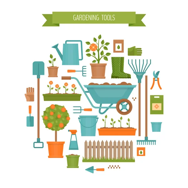 Κηπουρική. Εργαλεία κήπου. Επίπεδη στυλ, εικονογράφηση διάνυσμα. — Διανυσματικό Αρχείο