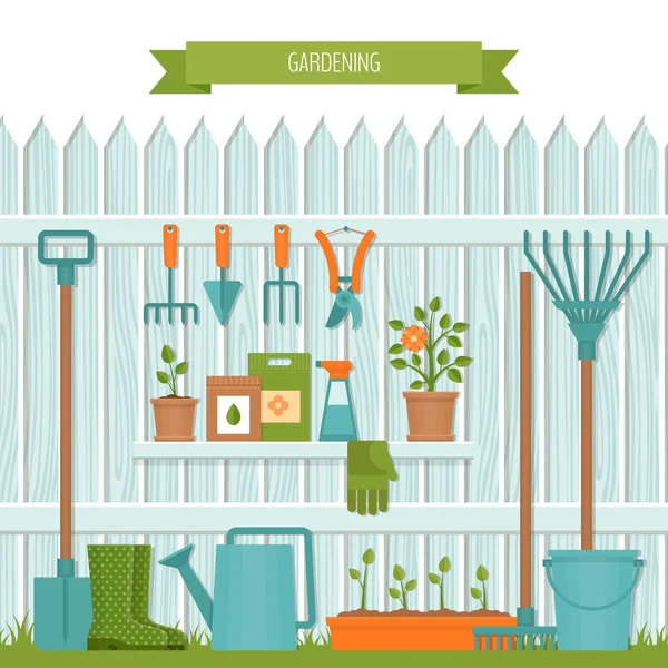 Concept of gardening. Garden tools.  Banner with summer garden landscape. Flat style, vector illustration. — Stock Vector